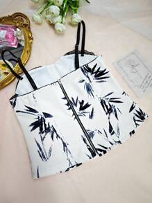 1pc Fashionable, Unique, Comfortable Ink Bamboo Leaf Print Fitted Cropped Zipper Camisole Bustier For Women