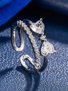 1pc Korean Style Bowknot & Heart Rhinestone Layered Ring, Minimalist Versatile Fashion Finger Ring For Women - Double Ring - View 2
