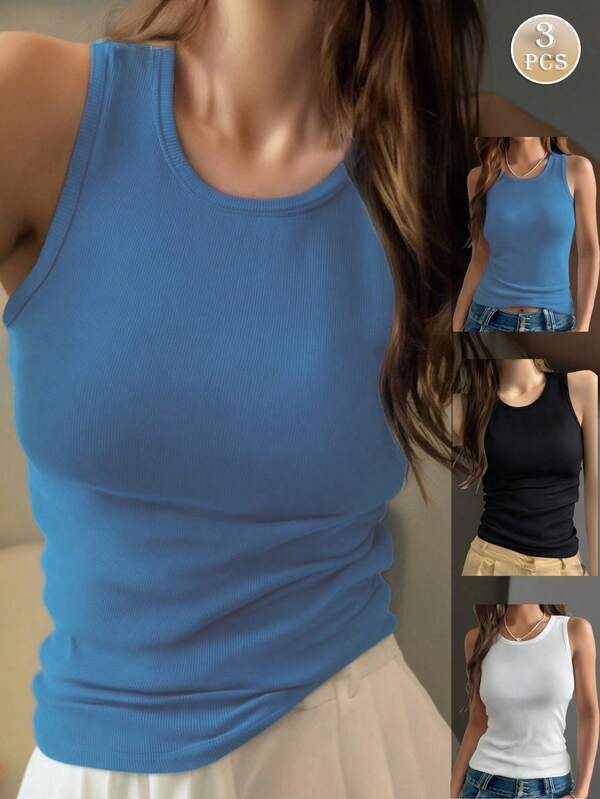 Conjunto de 3 piezas de tops básicos tipo camisola para mujer, de tela transpirable y fresca, tops tipo tank de cuello redondo