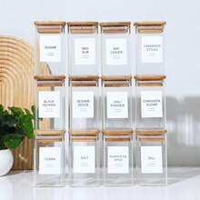 8-Ounce Square Glass Spice Storage Jar With Bamboo Sealing Lid - Food Storage Container, Pre-Filled Waterproof Minimalist Label - For Kitchen Storage, Spices, Herbs, Salt Jar. - Trong sáng - Xem 1