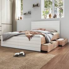 Cama doble de madera con cajones, cama con canapé, estructura de cama con somier, para dormitorio, habitación de invitados, habitación juvenil, sin colchón, blanco+roble - Blanco - Ver 1