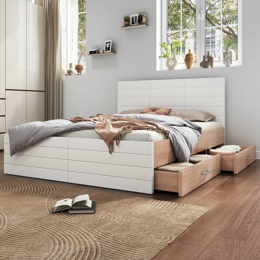 Cama doble de madera con cajones, cama con canapé, estructura de cama con somier, para dormitorio, habitación de invitados, habitación juvenil, sin colchón, blanco+roble - Blanco - Ver 1