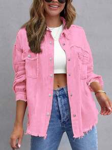 Chaqueta vaquera de botones lavada con agua para mujeres, chaqueta vaquera con bolsillo volcado, manga larga suelta y relajada, chaqueta retro, chaqueta de moda de otoño - Rosa - Ver 5