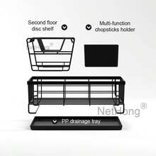 2 Tier Kitchen Dish Drainer Cutlery Holder Plates Bowls Large Sink Rack Drip Tray Kitchen Organization - Black - View 8
