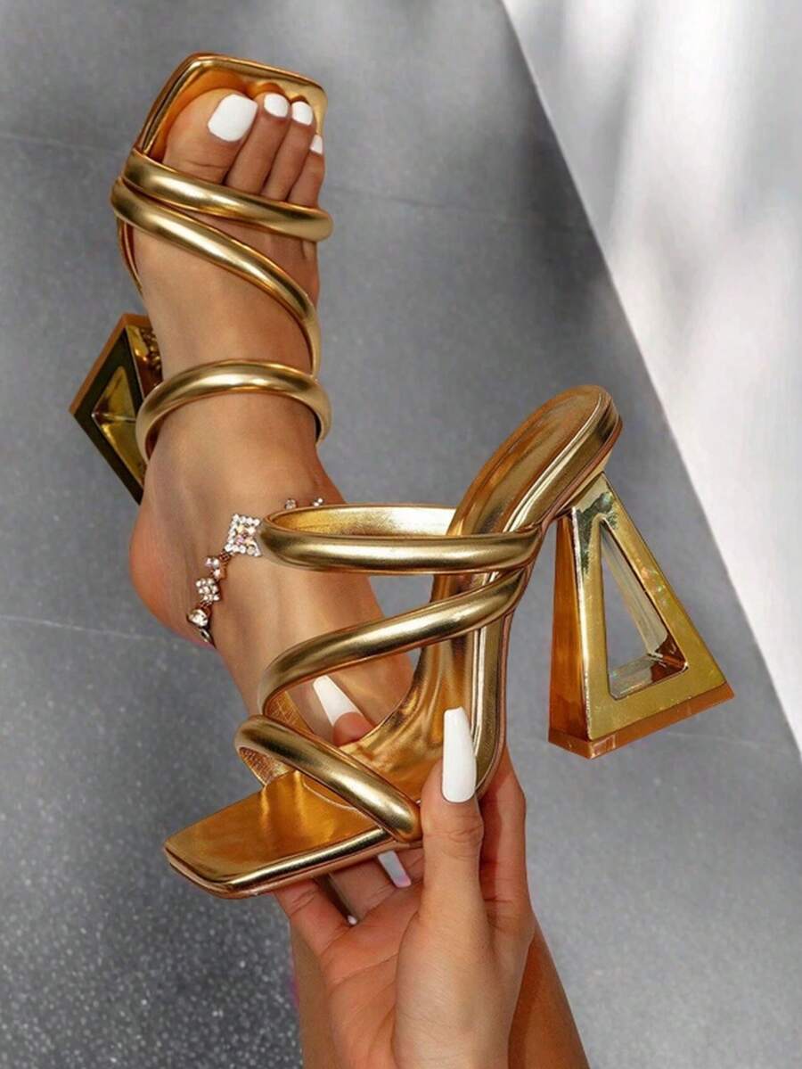 Metallic Gold Sexy Elegant Women Sandals Chunky High Heels Open Toe Design Fashion Dress Nightclub Bridal Party Shoes Woman - 金色 - 查看 1