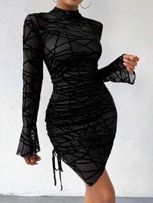 Women Long Bell Sleeve Mesh Sheer Wrap Dress High Neck Slim Fit Drawstring Runched Bodycon Mini Dresses