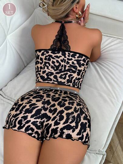 2pcs Women Leopard Print Sleepwear Set, With Lace Trim & Silver Strap Accents