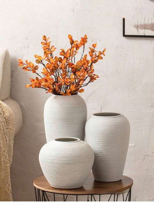 Vaso hidropônico de cerâmica minimalista nórdico de 1 peça, adequado para decoração de casa, conjunto de vasos de flores decorativos simples e modernos, aplicável para flores frescas, vaso estilo boho, adequado para casa de fazenda, sala de estar, sala de jantar, mesa, estante, decoração central, enfeite de mesa, vaso de flores grande com listras brancas