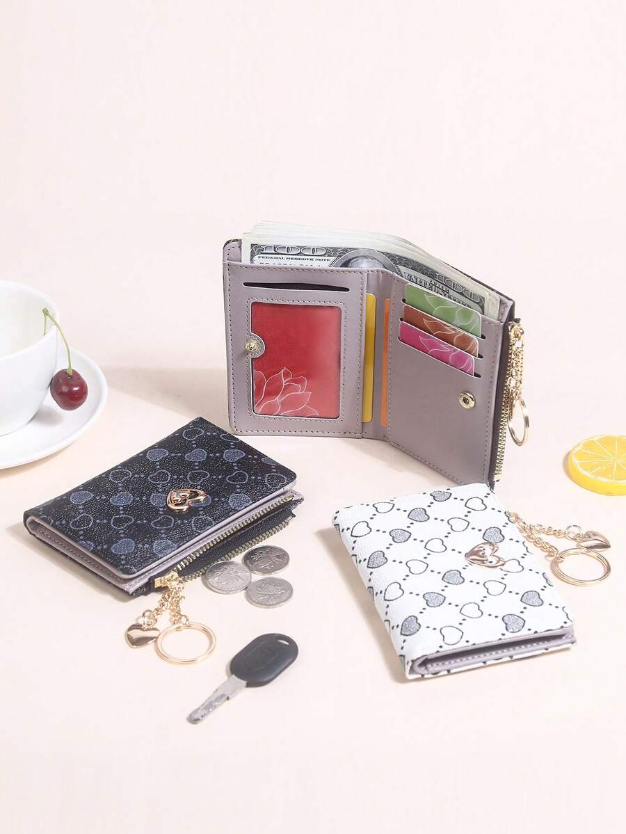 Fashionable Heart Print Bi-Fold Multi-Card Slot Zipper Pocket Compact Women Wallet For Women Wallet Mini Wallet Purse Wallet Small Wallet Wallet - Beige - View 1