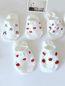 4/5pairs Women's Cherry & Strawberry & Flower Print White Thin Ankle Socks Invisible Socks Suitable For Daily Wear - Multicolor - View 1
