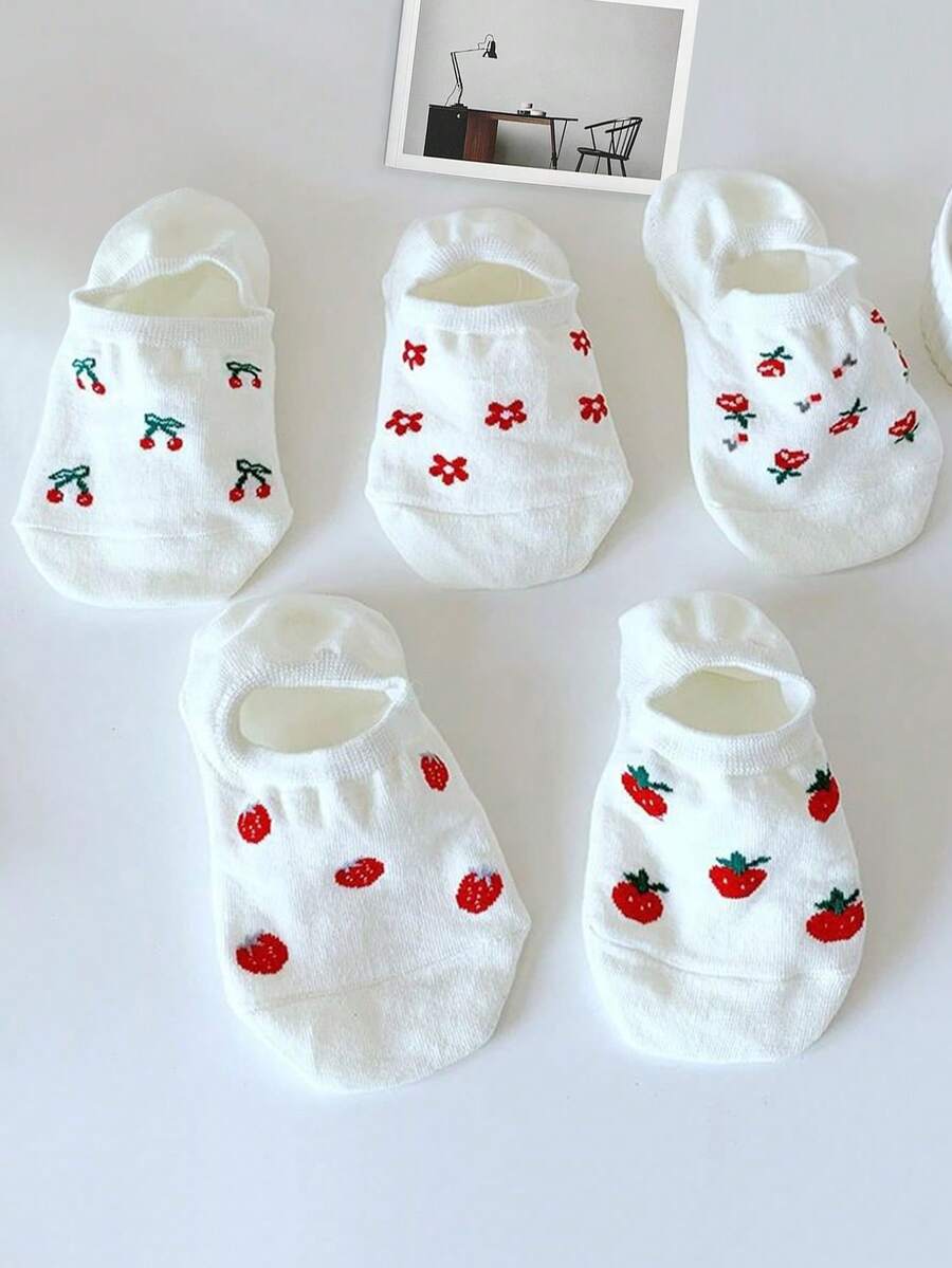 4/5pairs Women's Cherry & Strawberry & Flower Print White Thin Ankle Socks Invisible Socks Suitable For Daily Wear - Multicolor - View 1