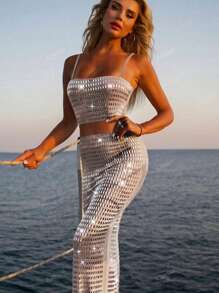 2 peças Conjunto de Vestido Elegante de Mulher com Alças Finas, Fenda Sexy e Brilho de Strass, Perfeito para Coquetel, Banquete, Vestido de Gala