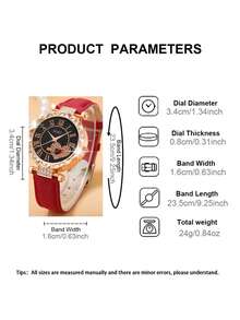 母亲节女士手表套装，时尚精致圆形表盘石英表，搭配心形吊坠项链、耳环和戒指，适合日常佩戴、生日、返校、感恩节、浪漫场合，最佳礼物（不含礼盒） - 紅色 - 查看 4