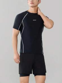 2 peças Top e Shorts de Maiô Bikini Masculino com Estampa de Letras e Cor Sólida, de Manga Curta, Esportivo e Lazer, Alta Elasticidade e Ajuste Slim, para Praia, Piscina, Festa, Férias, Primavera/Verão