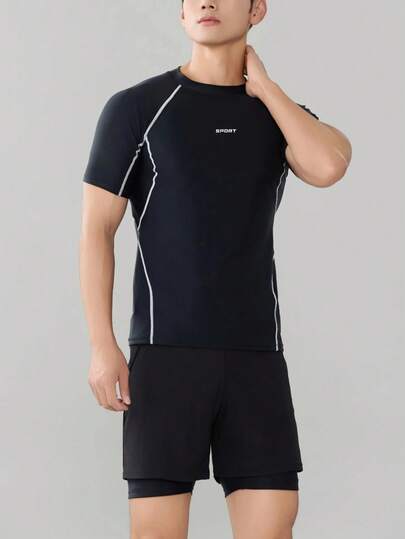 2 件男士字母印花纯色短袖泳衣上衣和短裤，运动休闲高弹力修身泳衣，适合海滩、泳池、派对、度假、春夏季