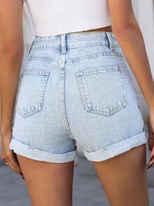 Teen Girl Casual High-Waist A-Line Vintage Denim Shorts, Versatile Elegant Style For Vacation Or School, Summer - Blue - View 5