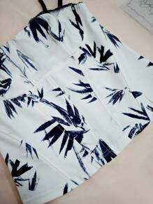 1pc Fashionable, Unique, Comfortable Ink Bamboo Leaf Print Fitted Cropped Zipper Camisole Bustier For Women
