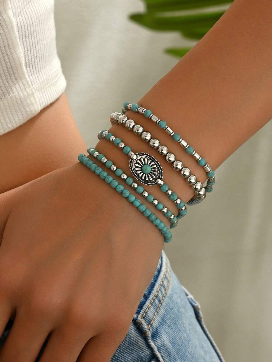 5pcs/Set Cowgirl Style Vintage Turquoise Floral Beaded Bracelet Set, Suitable For Women Or Men Daily Wear - Vintage Flower Bracelet Set - View 1