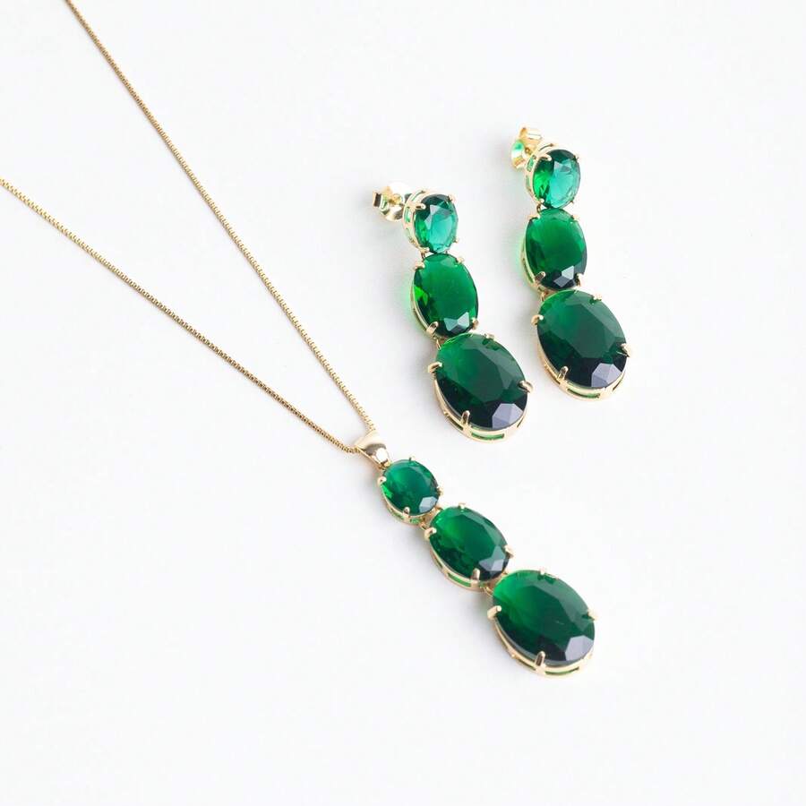 Gold Set Necklace And Oval Earrings With Emerald Stones - Emerald - View 1
