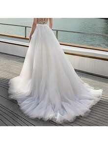 1 件女式高腰开衩网纱裙，带拖尾，春夏沙滩裙，透明面料 - 白色 - 查看 2