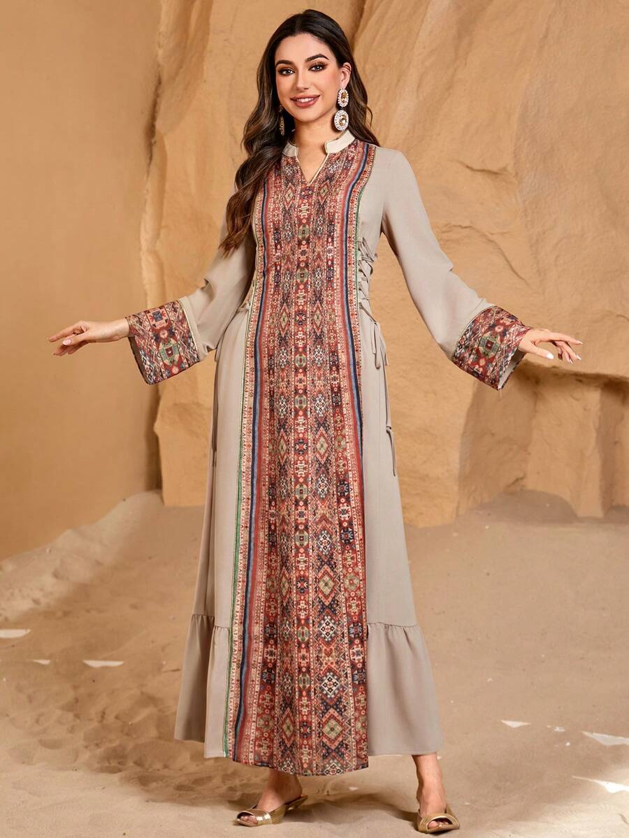 Đầm maxi dài tay kiểu Ả Rập thanh lịch dành cho nữ, cổ chữ V, in hoa, viền bèo nhún (Họa tiết ngẫu nhiên) Mùa xuân - Màu be - Xem 1