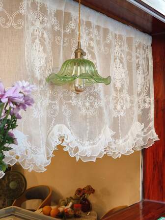 1pc, Modern Floral Embroidered Transparent Curtain Drapery - Ruffled Rod Bag Design, Suitable For All Room Types Small Window, Pearl Wave Edge Decoration