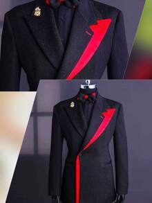1pc Men Black Suit Blazer With Red Accent Stripe Peaked Lapel Single Breasted One Button Dual Vents Slim Fit Formal Tuxedo Jacket For Wedding Birthday Business Daily Work Engagement Stylish Male Jacket Formal & Casual Outfit