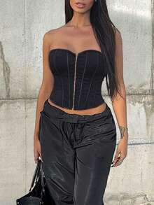 Apperloth A Top corset con abertura delantera con ojales y espalda descubierta, top crop sexy punk para festival de música, negro, talla grande, verano - Negro - Ver 5