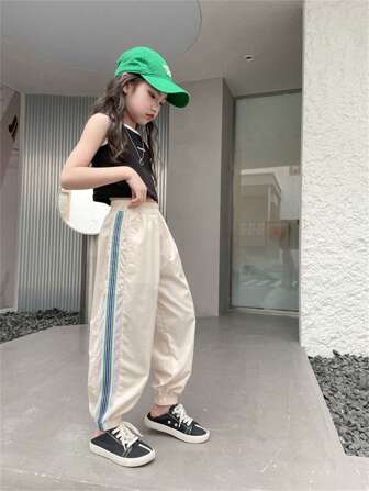 Tween Girls Striped Side Pockets Sports Sweatpants