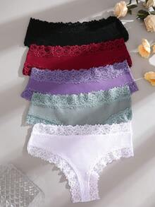 5 件装女士纯色舒适蕾丝边棉质三角裤 - 彩色 - 查看 2