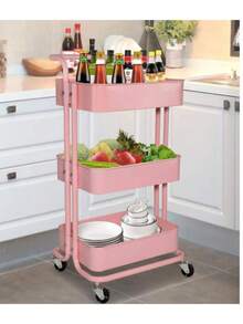 Mobile Kitchen Trolley, Multi-Layer Bathroom Storage Rack With Wheels, Living Room Storage Trolley, Beauty Trolley - Pink - View 2