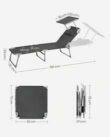 SONGMICS Bain de Soleil, Chaise Longue Pliable, Transat, 193 x 53 x 29 cm, Capacité 150 kg, Pare-Soleil, Dossier Inclinable, Jardin, Piscine, Terrasse, Rouge/ Bleu/ Noir/ Taupe/ Grège - Gris foncé - Voir 7