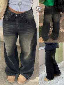 MYOURSA Y2K 高腰宽松阔腿水洗复古牛仔裤，女士休闲街头风，黑色