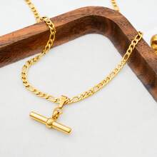 1pc 18K Gold Plated Stainless Steel Geometric T-Bar Pendant Necklace & Detachable Hoop Earrings Minimalist Jewelry Set For Daily Wear - T Necklace - View 3