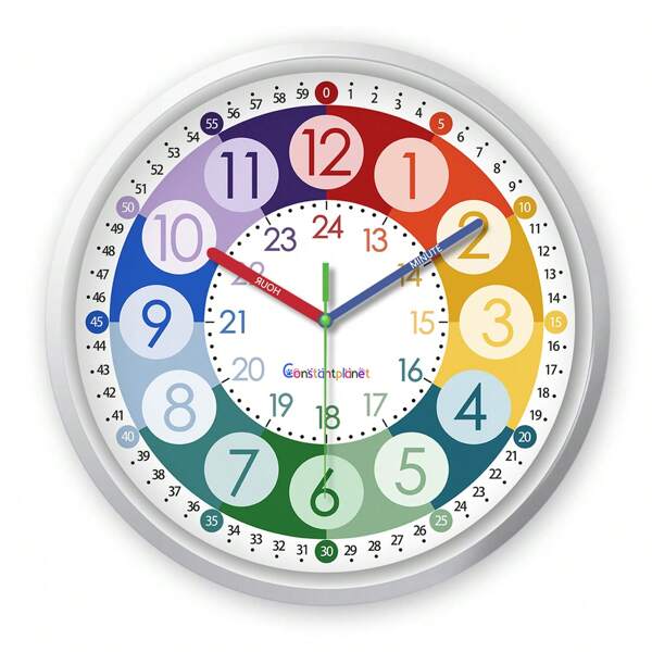 Reloj de aprendizaje de números de colores para niños, reloj analógico silencioso redondo de 8-12 pulgadas, funciona con pilas AA - adecuado para dormitorio, habitación infantil, sala de estar, decoración del aula y regalo (baterías no incluidas)