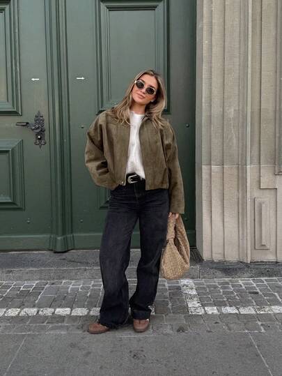 Women's Regular Faux Suede Long Sleeve Single-Breasted Loose Casual Jacket, Suitable For Spring Wear Women's Pocket Metal Button Short Military Green Jacket, Suitable For Spring And Autumn Wear
