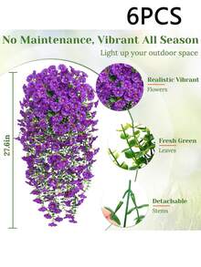 2pcs/4pcs/6pcs/8pcs Hanging Artificial Silk Flower Vines & Eucalyptus Leaves, UV-Resistant, Suitable For Wedding, Porch, Living Room, Office Wall, Yard, Bookshelf, Home Decor - Purple - View 4