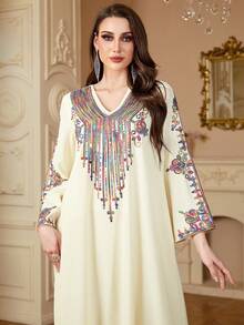 Women's Elegant Embroidered Patchwork V-Neck Long Sleeve Arabic Style Dress, Modest Kaftan - Apricot - View 5