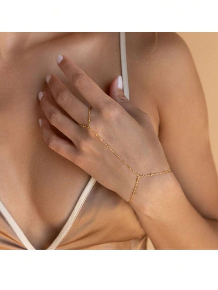 1 Pc Vintage Boho Personalized Plain Circle Beaded Satellite Chain Adjustable Finger Ring Chain Bracelet, Beach Holidays Durable Elegant Daily Accessory For Women