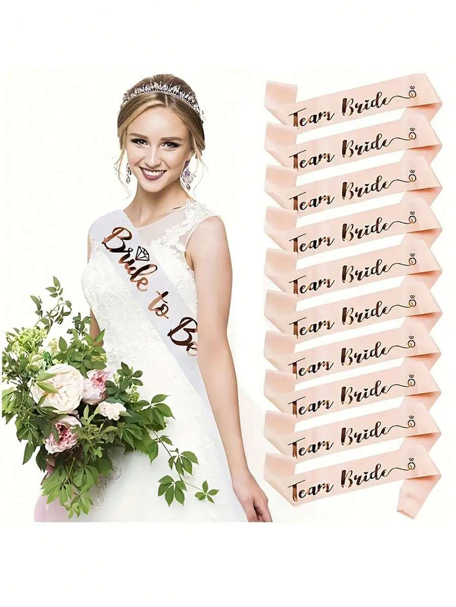 11pcs Bridal Party Sash Set - 1 White Bride Sash And 10 Bridesmaids Sashes With Shiny Rose Gold Text, For Bachelorette Party And Wedding (11pcs Set) - Multicolor - View 1