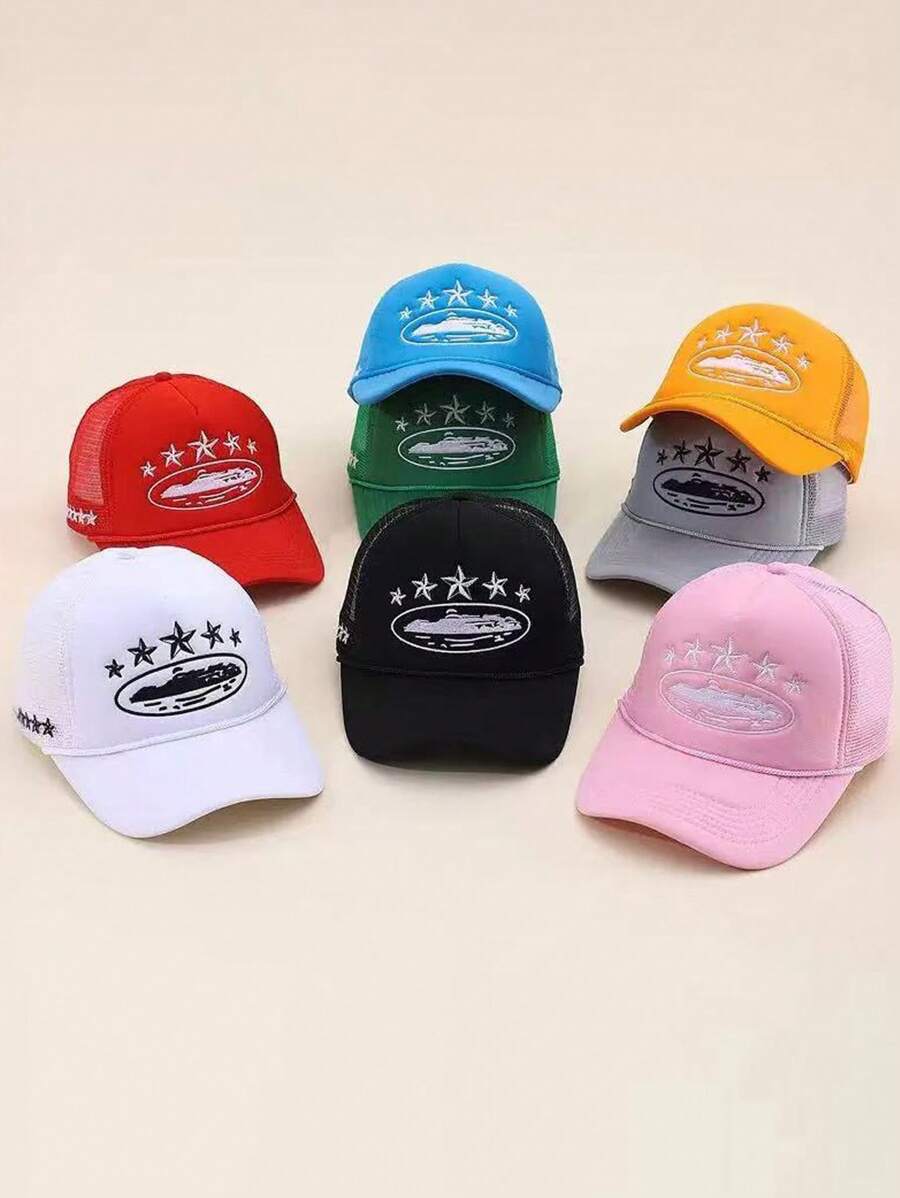 1pc Embroidered 5-Star Baseball Cap With Mesh Breathable Fabric, Adjustable Visor Sun Hat For Outdoor Travel Beach, Suitable For Men & Women, Y2K Style