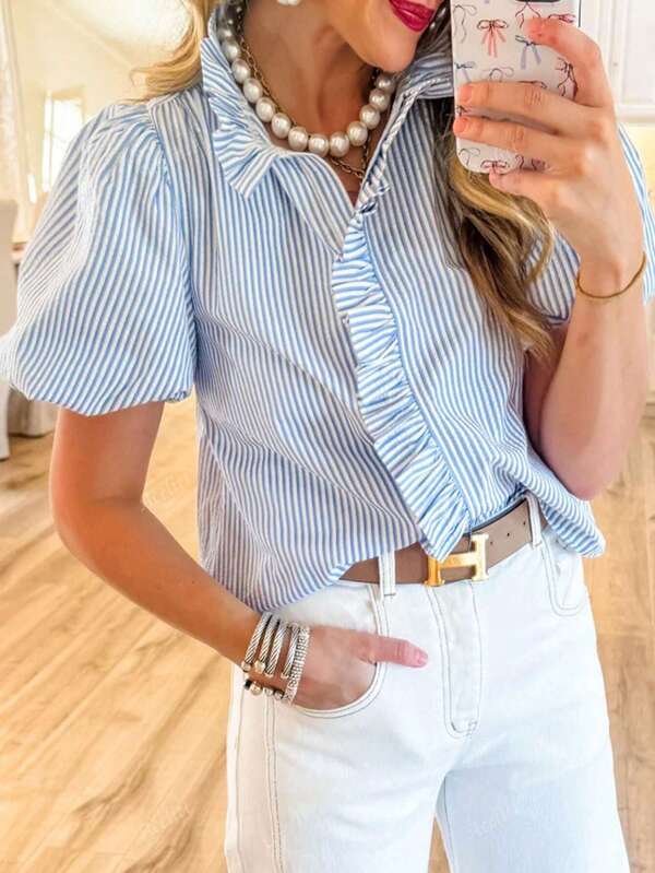 Acelitt Summer Blue And White Contrasting Striped Bubble Sleeve Stand Up Collar Ruffle Casual Shirt