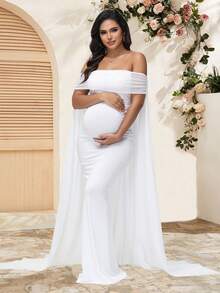 JustVH Maternity Elegant Mesh Off-Shoulder Dress For Baby Shower, Cloak Maxi Women Outfit