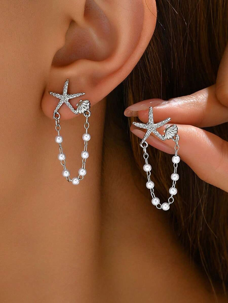1 par de elegantes y frescos pendientes de mujer, de diseño aleatorio con concha de estrella y perla, pendientes tipo botón versátiles para fiestas, regalos y uso diario