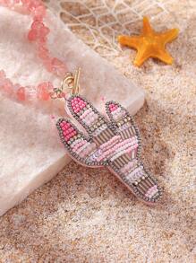 1 Stück handgemachte boho-Stil Halskette mit Naturstein Perle, Stoff Kaktus & Seepferdchen Anhänger, geeignet für Damen Strand Urlaub, Lässig Alltag, Reisegeschenk für Familie und Freunde. Handgefertigt, leichte Abweichungen in Form, Zubehörmenge und Farbe können auftreten.