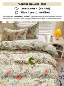 1 Set 3pcs Green & Brown Ditsy Floral Bedding Set, Rustic Ditsy Flowers Cozy Botanical Breathable Bedding Textile Set, Includes 1pc Duvet Cover + 2pcs Pillowcases, Suitable For Spring & Summer Bedroom Decor, Machine Washable (Pillow Print Random)