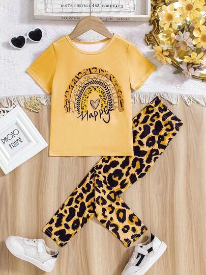 Toddler Girls Casual Leopard Knit 2 Pieces Set, Children Fashion Leopard Print Outfit Includes Short Sleeve T-Shirt And Leopard Print Pants, Cute & Comfy Outfit For Daily Wear, Outdoor Activities And Family Events, Suitable For 4-7 Years Old, Spring/Summer