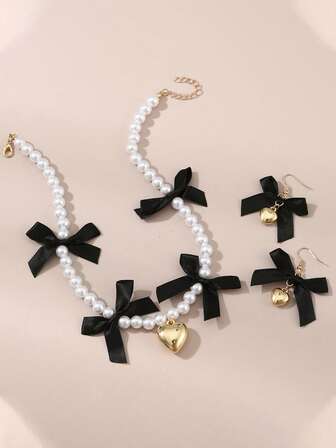 1 件项链和 1 对耳环儿童可爱蝴蝶结首饰套装，适合女孩派对和场合的最佳配饰