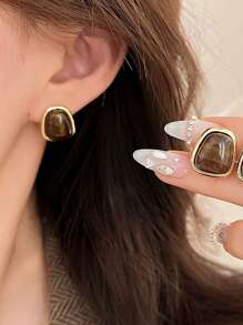 3 Pairs Vintage Amber-Color Resin Alloy Ear Studs, Suitable For Women's Daily Wear Jewelry, Christmas Gift, Holiday Gift, Singles Party Gift