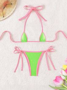 Heißes Kontrastsaum Dessous Set, Micro Dreieck Halfter Binden Riemen Bikini Wäsche BH & Tanga, Damen Sexy Dessous & Unterwäsche